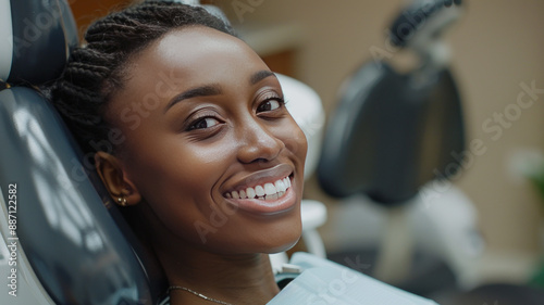 Confident dental patient beams, showcasing her perfect smile.generative ai