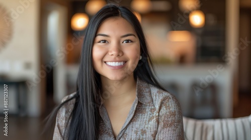 Wallpaper Mural Smiling Native American Woman Indoors, Diverse Representation, Ideal for Marketing Campaigns Torontodigital.ca