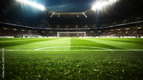 Football field at night, illuminated by stadium lights. Green grass macro in sports arena