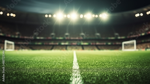 Football field at night, illuminated by bright lights. A white line runs down the center of the field, with a blurred goal in the background