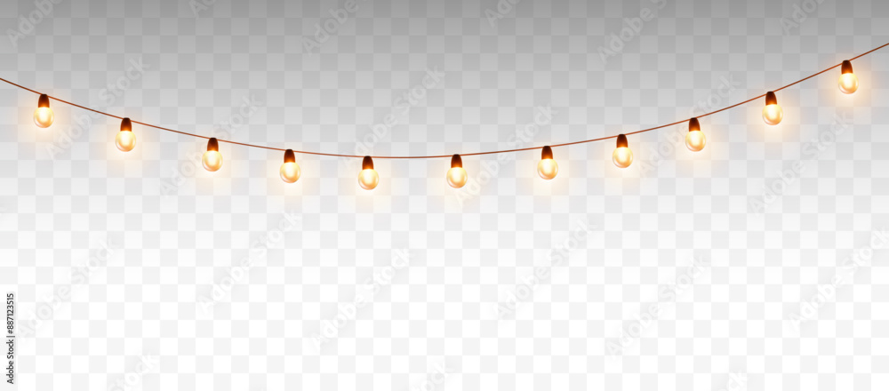 Lights bulbs isolated on transparent background. Glowing fairy Christmas garland strings. Vector New Year party led lamps decorations