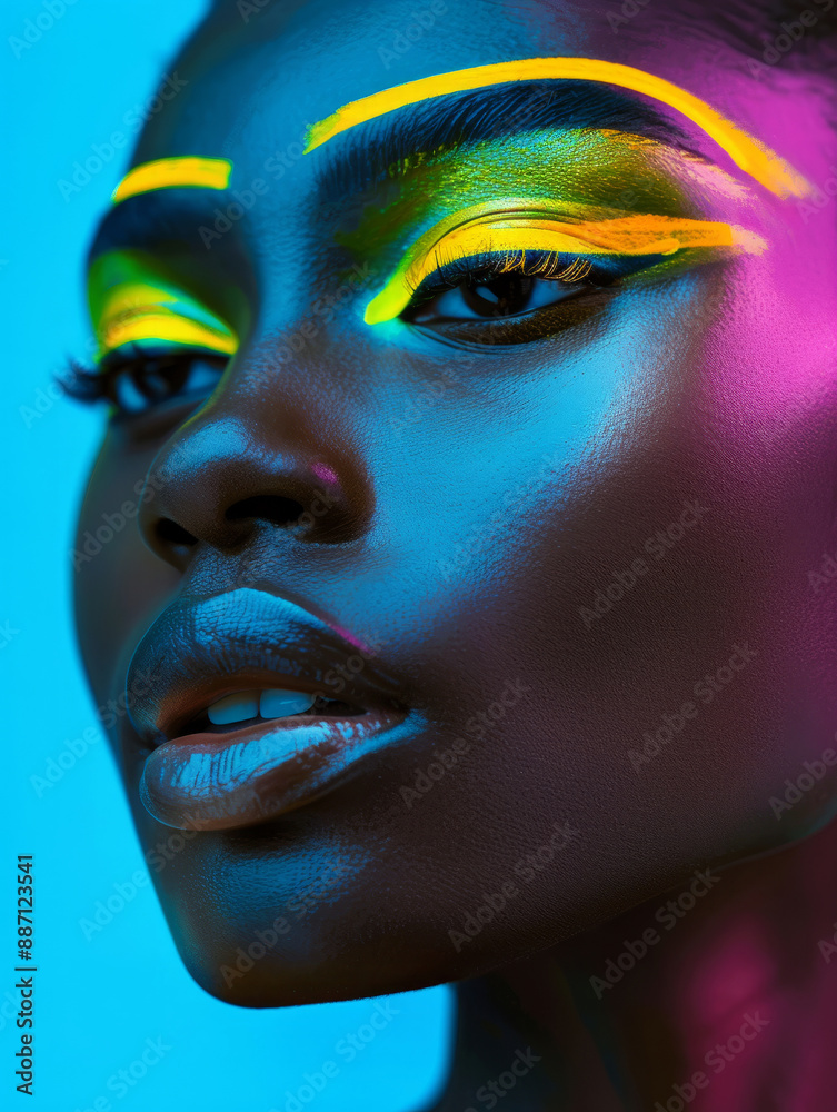 Close beauty portrait of a black woman in colorful vibrant makeup and decorations on a blue background, vertical
Close beauty portrait of a black woman in colorful vibrant makeup and decorations on a blue background, vertical