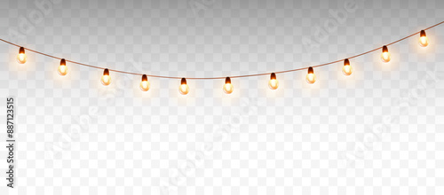 Lights bulbs isolated on transparent background. Glowing fairy Christmas garland strings. Vector New Year party led lamps decorations