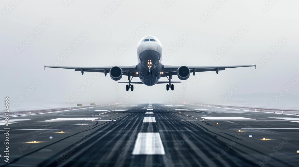 Airplane Taking Off on Runway at Dusk. Generative ai. Airplane Taking Off on Runway at Dusk. Generative ai.