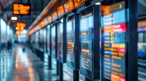 Digital Timetable Displays at Modern Train Station. Generative ai. © Scrudje