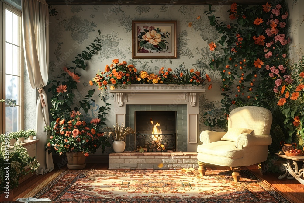 Fototapeta premium Cozy Cottage Living Room with a fireplace, floral prints, comfy armchairs, and a warm, cottage-inspired atmosphere. Cozy cottage home decor.
