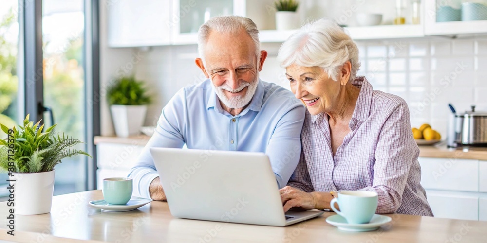 Obraz premium Senior Couple Enjoying Technology Together at Home. A cheerful elderly couple explores the internet on a laptop in a bright kitchen, sharing a moment of joy and connectivity.