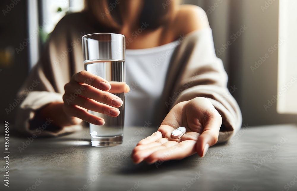 Generated image a woman holding a glass of water and pills, half body photo,time to take medication Generated image a woman holding a glass of water and pills, half body photo,time to take medication