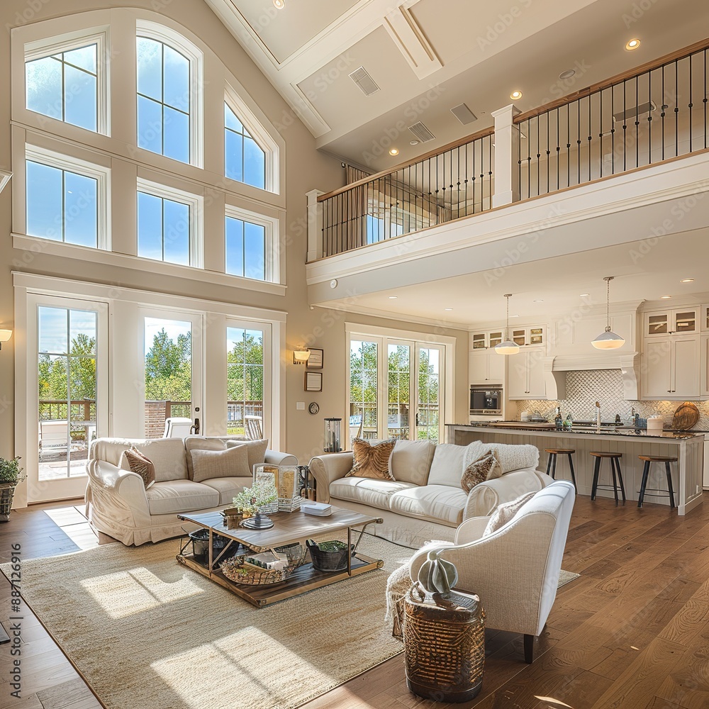 Beautiful and large living room interior with hardwood floors and ...