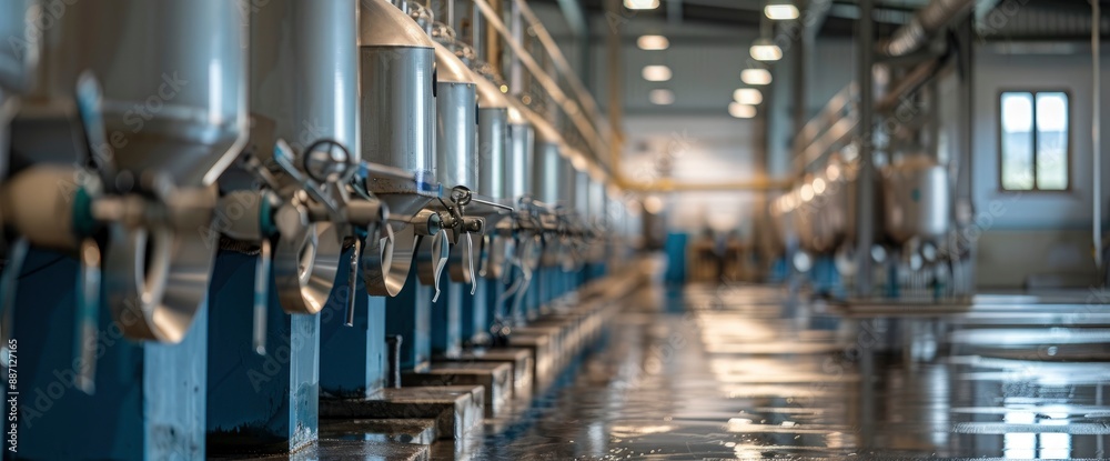 Depict an automated dairy farm with robotic milking systems Depict an automated dairy farm with robotic milking systems
