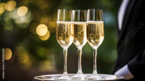 Luxury service, glasses of champagne served by a waiter at a wedding celebration or event in formal English style at luxurious hotel or country estate garden, post-processed, generative ai