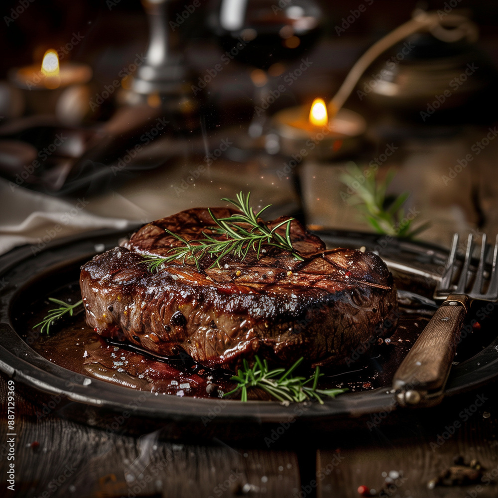 Grilled steak with rosemary on a plate, dark background Grilled steak with rosemary on a plate, dark background