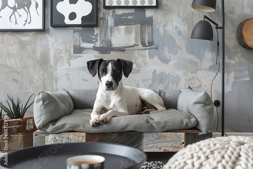 Contemporary Elegance Modern Stylish and living room interior of modern apartment with gray sofa, design wooden commode, black table, lamp, abstract paintings on the wall.