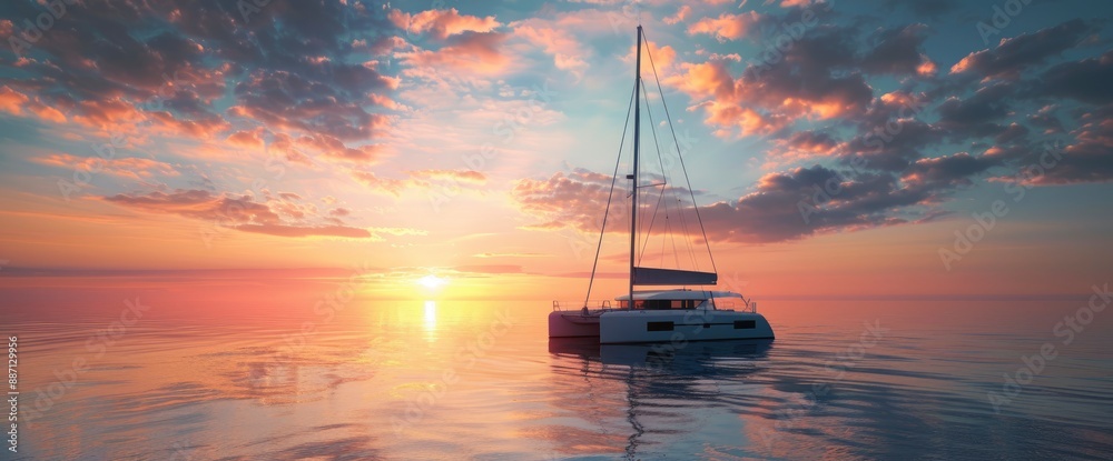 The Catamaran Is Parked At Sea, Creating A Sense Of Adventure And Freedom The Catamaran Is Parked At Sea, Creating A Sense Of Adventure And Freedom