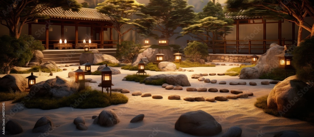 Japanese Zen Garden with Stone Pathway at Dusk Japanese Zen Garden with Stone Pathway at Dusk