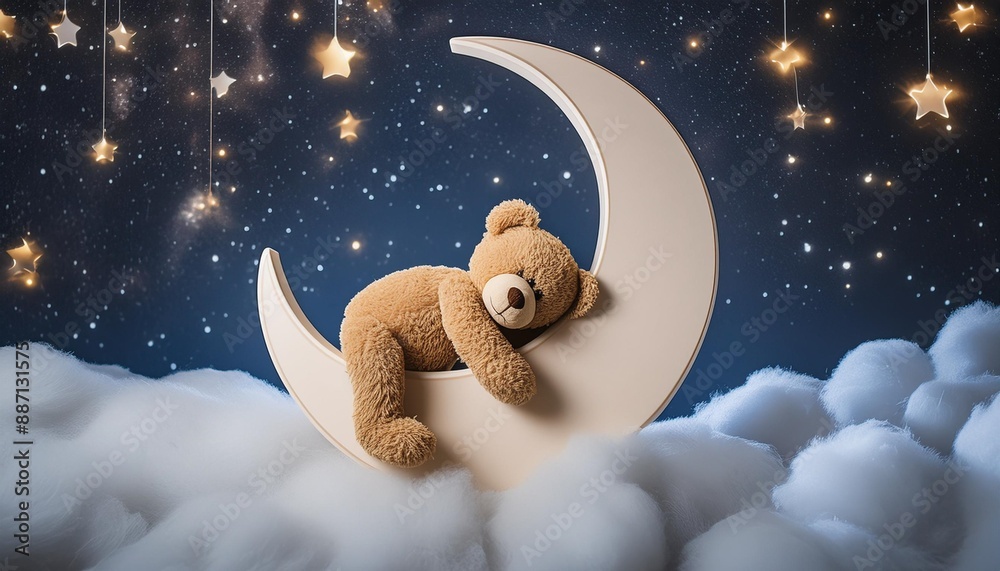 teddy bear sleeping on glowing crescent moon in starry night with ...