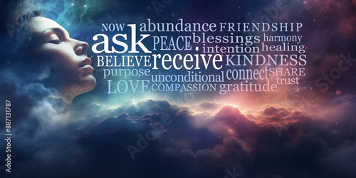 Ask Believe Receive Bubble Wall Art Word cloud - cosmic deep space background with a female side profile face manifesting beside the words ASK BELIEVE RECEIVE  ideal for spiritual wall art 
