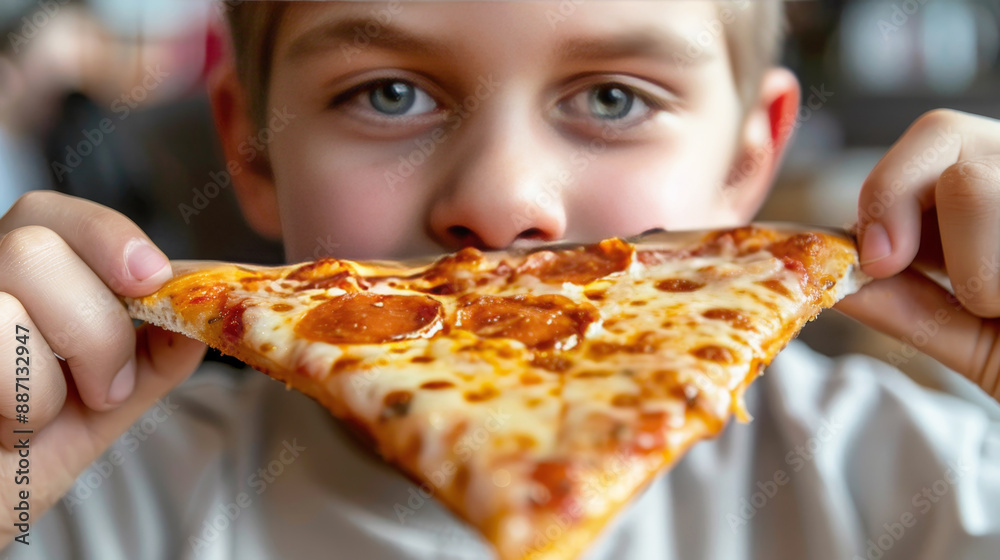 Overweight boy savoring pizza, indulging in unhealthy fast food, enjoying a hearty lunch Overweight boy savoring pizza, indulging in unhealthy fast food, enjoying a hearty lunch