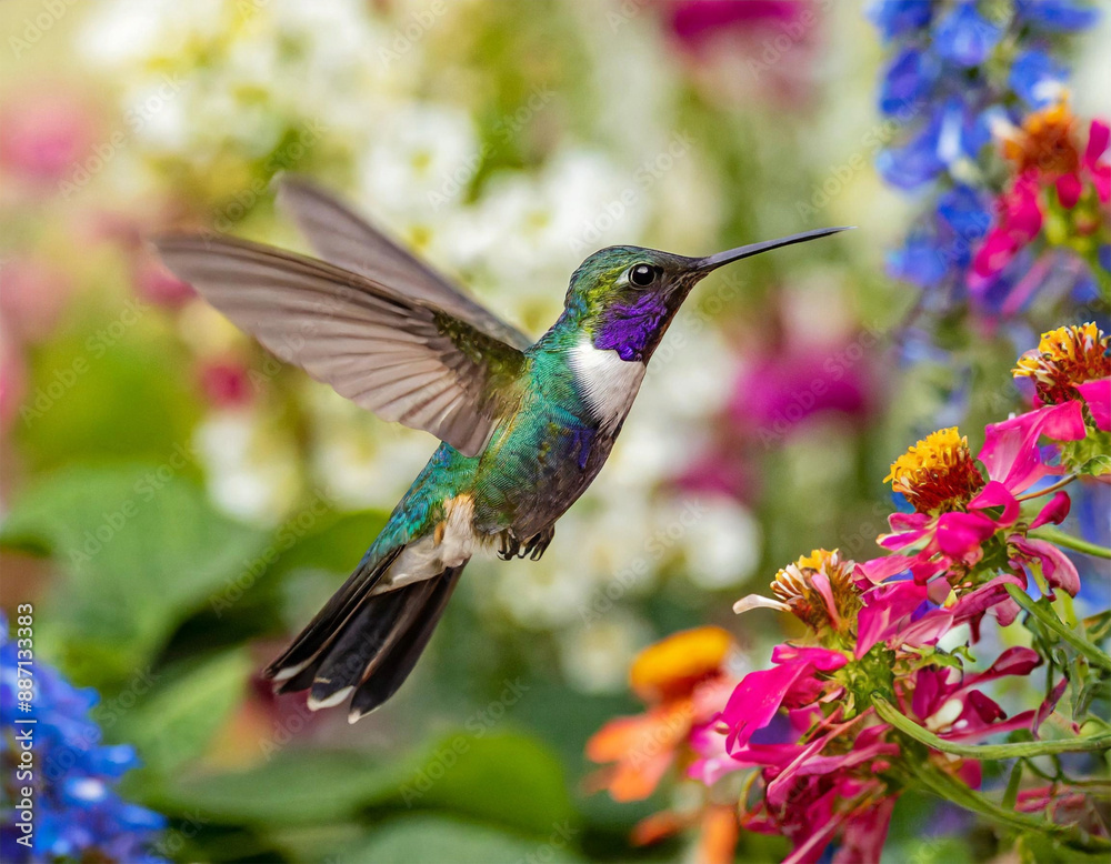 Fototapeta premium Hummingbird with colorful plumage, flying, colorful flowers.