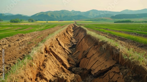 The image of the broken fault line stretching for kilometers of a very large earthquake in the agricultural area Faults of the earth crust consequence of the earth Fault line break photo