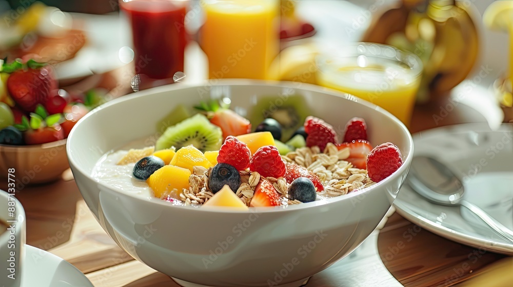 healthy breakfast with fruit salad a bowl of chicken porridge candied fruit and fresh juice healthy breakfast with fruit salad a bowl of chicken porridge candied fruit and fresh juice