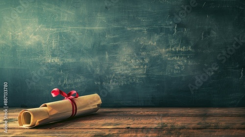 A diploma scroll tied with red ribbon resting on a graduation mortarboard on top of a wooden desk in front of a school blackboard Created in vintage style with low saturation photo