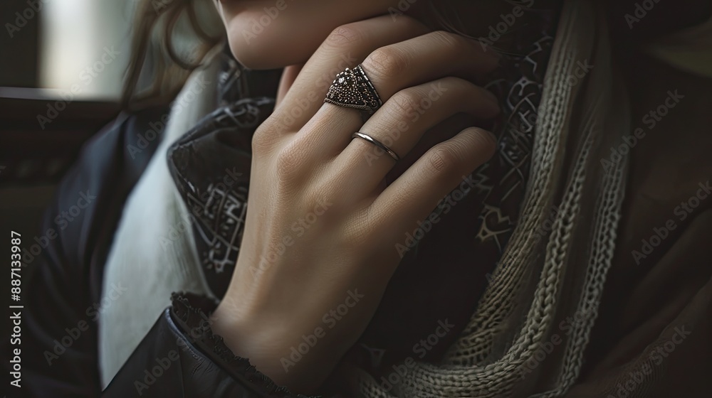 A photo capturing the simple elegance and graceful beauty of a womans hand adorned with two rings A photo capturing the simple elegance and graceful beauty of a womans hand adorned with two rings