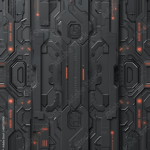 A futuristic high tech wall made of electronic hardware and lights in dark gray carbon fiber material.