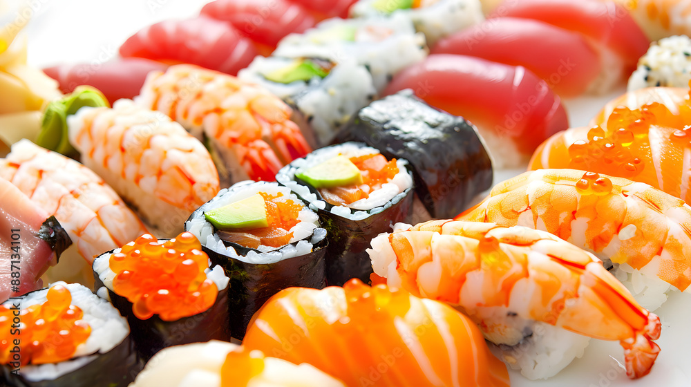 Fresh and Delicious Sushi presented on White Background Fresh and Delicious Sushi presented on White Background