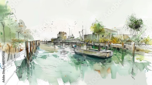 Pencil sketch artistic image of landscaped sketches of new gardens on the docks of posts without boats with green watercolor on a small scale