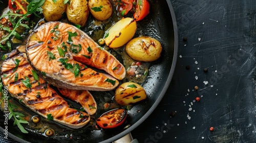 Grilled salmon steaks and potatoes sizzling in a frying pan a mouthwatering delight Flat lay with copy space photo