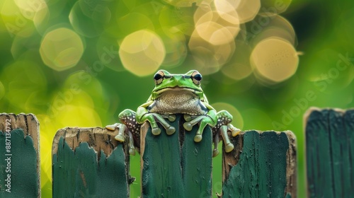 Spot legged Tree Frog on fence in urban area AKA Hong Kong Whipping Frog Scientific name Polypedates megacephalus photo