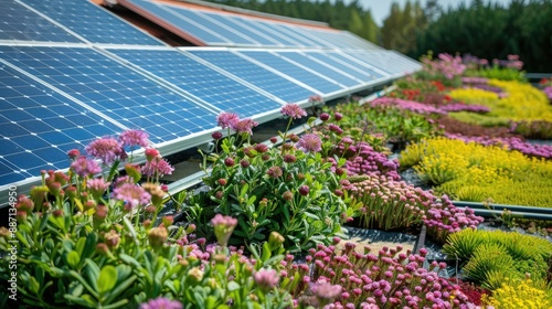 Green roof with flowering sedum plants and a row of blue solar panels for climate adaptation Renewable energy system for green electricity Rooftop garden with photovoltaic photo