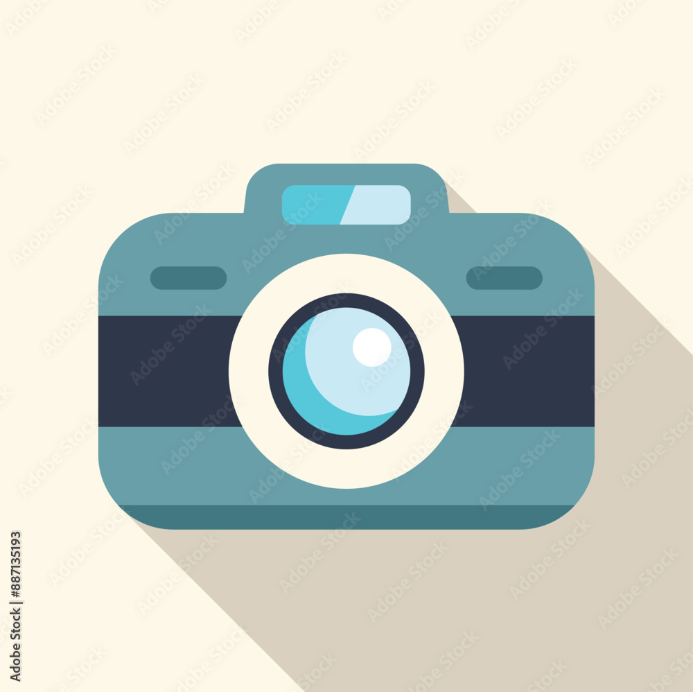 Blue camera icon with long shadow representing the concept of photography and capturing memories Blue camera icon with long shadow representing the concept of photography and capturing memories