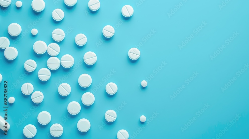 Top view of pills on blue background pharmaceutical concept Top view of pills on blue background pharmaceutical concept