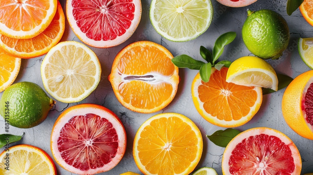 Fototapeta premium Top View Citrus Fruit Assortment on Grey Stone