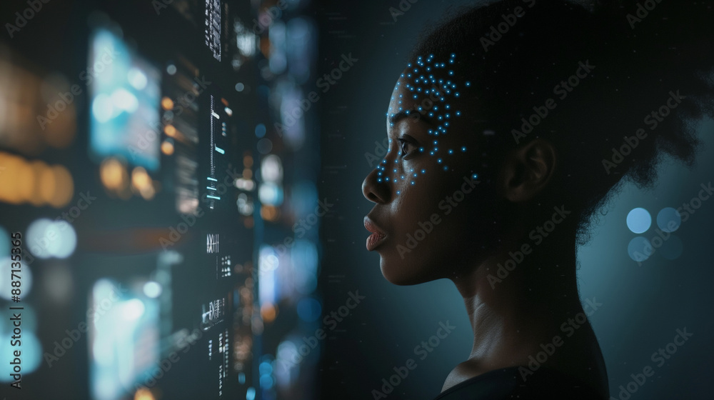 A black African American female IT expert in a dark room, her side profile illuminated by augmented reality displays of AI security breaches and data analytics. A black African American female IT expert in a dark room, her side profile illuminated by augmented reality displays of AI security breaches and data analytics.