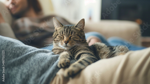 A relaxed cat rests on a man's lap, while he and his wife unwind on a sofa, enjoying their tranquil home life.