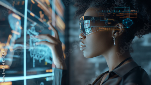 A black African American female cybersecurity expert in side profile, interacting with augmented reality data showing AI threat assessments and responses. © Maksym