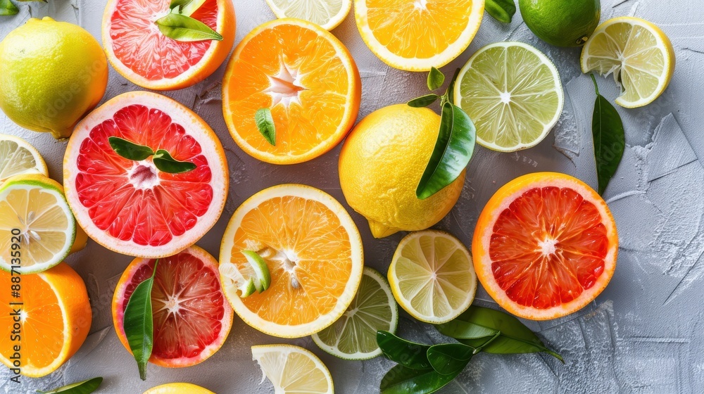 Top View Citrus Fruit Assortment on Grey Stone Top View Citrus Fruit Assortment on Grey Stone