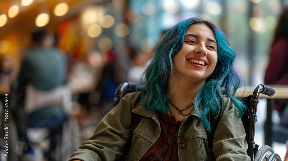 A cheerful disabled female college student with blue hair in a wheelchair, socializing with friends at an inclusive and accessible campus art exhibit.