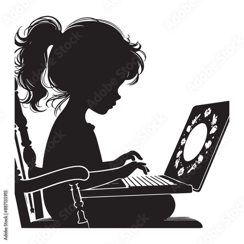 A child Browsing a laptop sitting on the chair vector silhouette