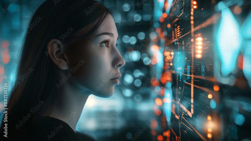 A side profile of a female IT expert, surrounded by holographic visuals depicting AI cyber security threats, emphasizing the importance of data protection. A side profile of a female IT expert, surrounded by holographic visuals depicting AI cyber security threats, emphasizing the importance of data protection.