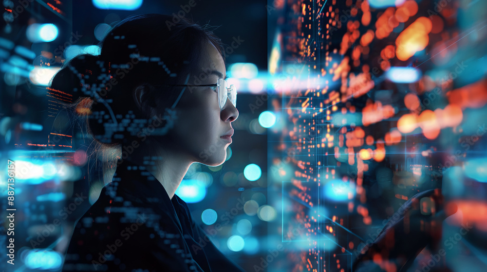 A side profile of a female IT professional, analyzing data amidst a digital collage of AI-enhanced cyber security dangers, showcasing her expertise. A side profile of a female IT professional, analyzing data amidst a digital collage of AI-enhanced cyber security dangers, showcasing her expertise.