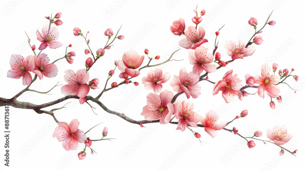 A delicate branch adorned with blooming cherry blossoms in shades of pink, symbolizing beauty and springtime. A delicate branch adorned with blooming cherry blossoms in shades of pink, symbolizing beauty and springtime.