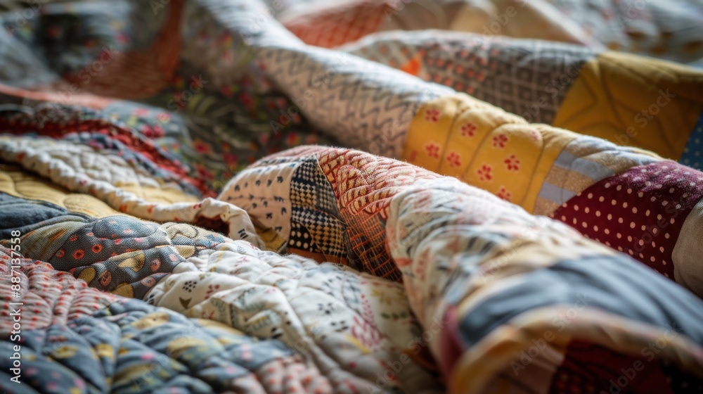 Fototapeta premium Handmade quilt with slightly misaligned patterns, wtih copy space