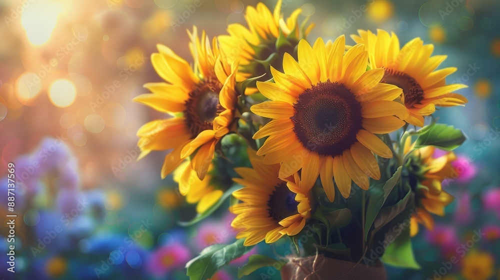 Naklejka premium Sunflower bouquet in a garden with bokeh lights during golden hour perfect for seasonal and nature-themed designs