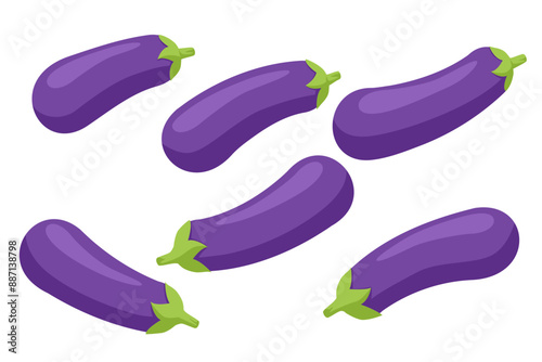 Isometric fresh eggplant isolated on white background. Eggplant is a versatile vegetable with a rich, spongy texture. It s low in calories, high in fibre, contains antioxidants, vitamins and minerals