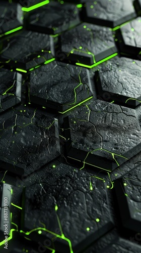 Abstract futuristic dark hexagonal pattern with green neon lines, digital modern texture, sci-fi technology background concept