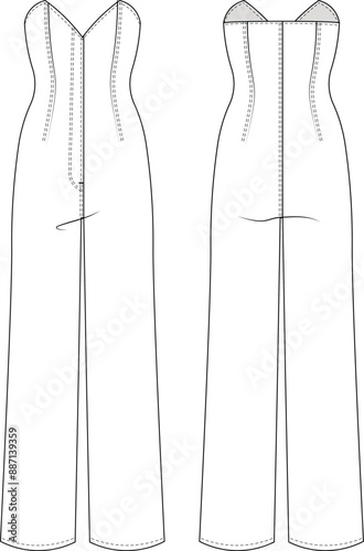tailored darted sleeveless sweetheart neck zippered wide leg jumpsuit overalls rompers template technical drawing flat sketch cad mockup fashion woman design style model
